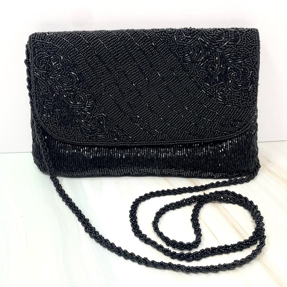 Vintage La Regal Hand Beaded Elegant Black Beaded Clutch Evening Bag Purse